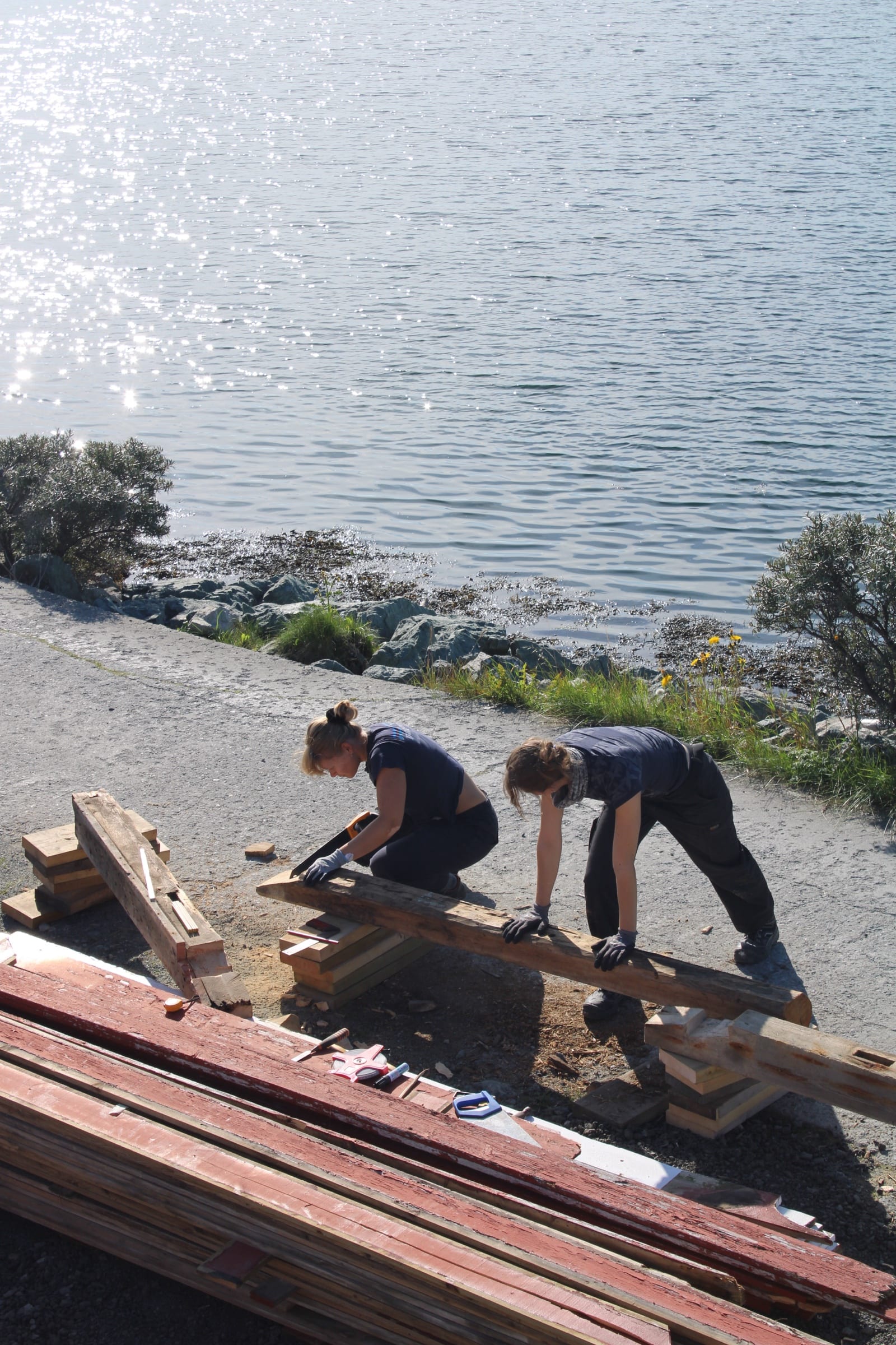 To personer sager en tømmerstokk som ligger på bukker ved sjøkanten i sol, med stabler av rødmalt panel i forgrunnen.