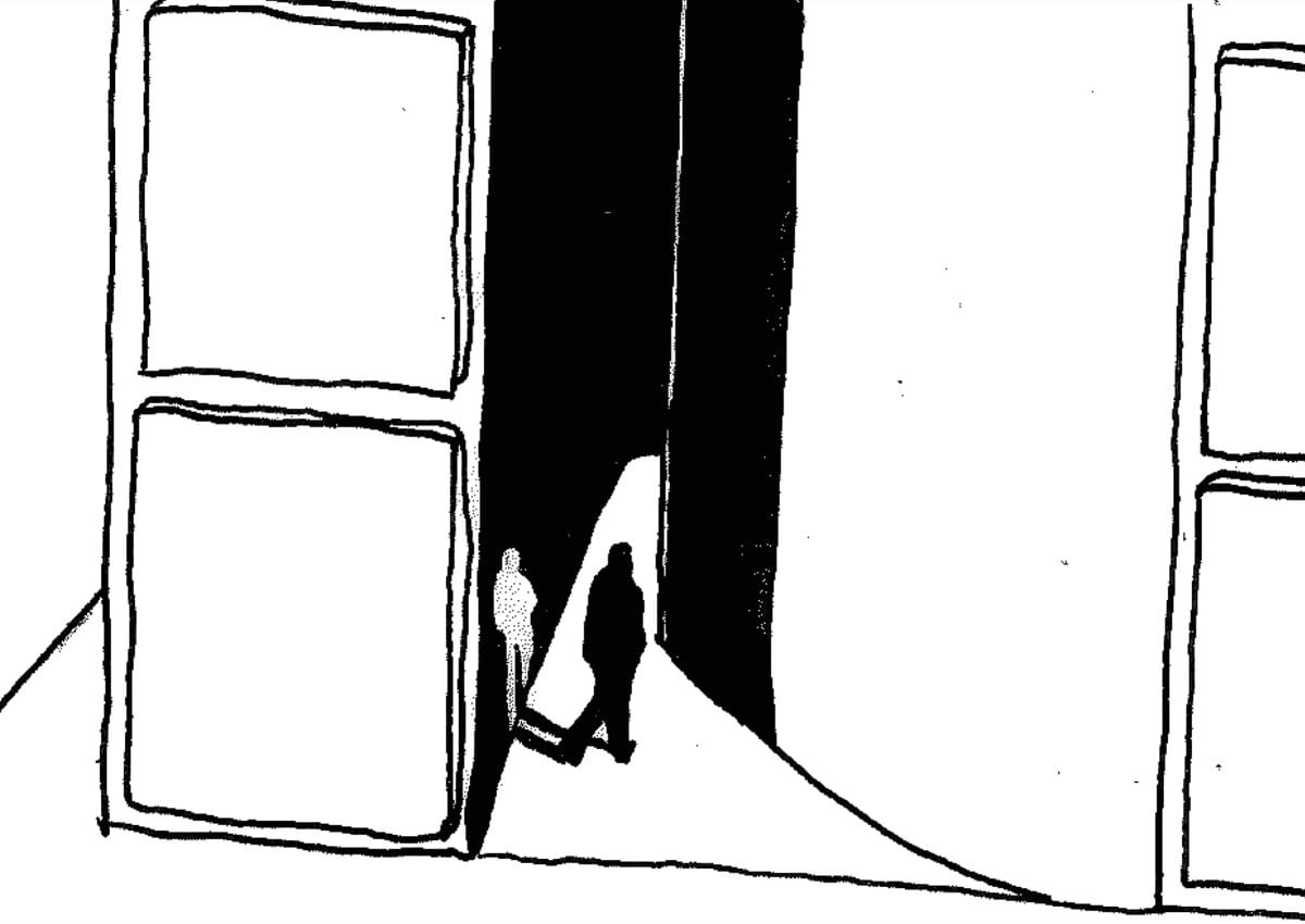 Tegneserierute: en figur sitter i profil mot en sort vegg, i hvit strek.