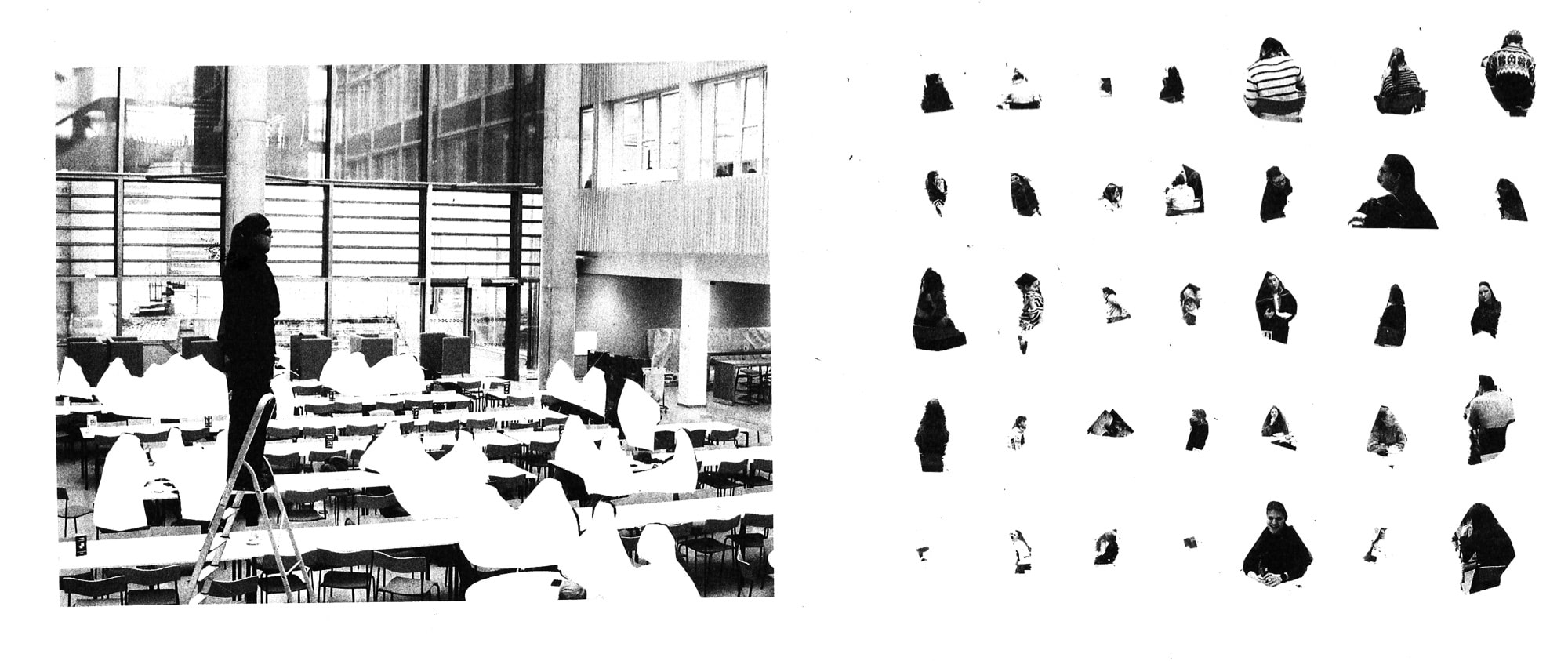To bilder ved siden av hverandre: kantina med skikkelsen på gardintrappen, og et rutenett av utklipte figurer klippet ut av den samme scenen.