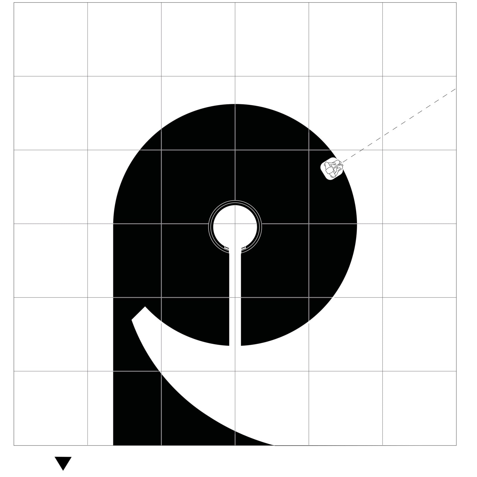 Plan 04, avgang: takplanet, samme sirkelform som innsjekken men i sort på hvitt, med utgangen mot broa.